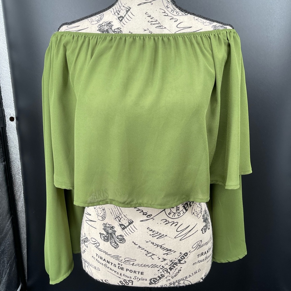 Fantastic Fawn Off The Shoulder Midriff Blouse in Olive Green.